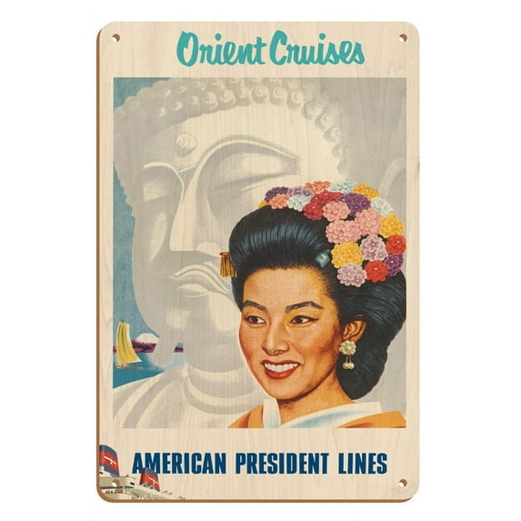 Orient Cruises - Japanese Woman Buddha - American President Lines - Vintage Ocean Liner Travel Poster by Don Clever c.1950s - 8 x 12 inch Vintage Wood Art Sign