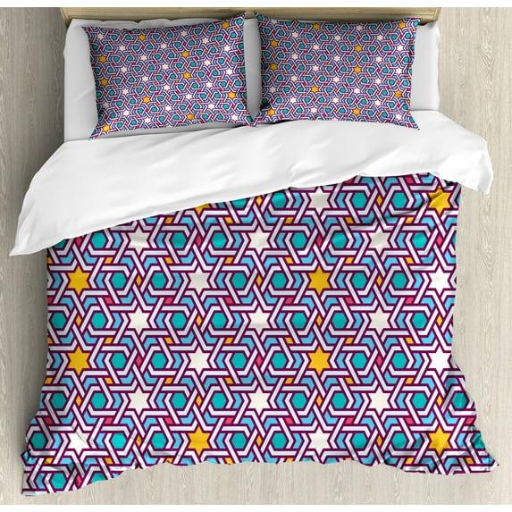 Orient Duvet Cover Set, Geometric Lines and Stars Based on Traditional Oriental Eastern World, Decorative 3 Piece Bedding Set with 2 Pillow Shams, Calking Size, Multicolor, by Ambesonne