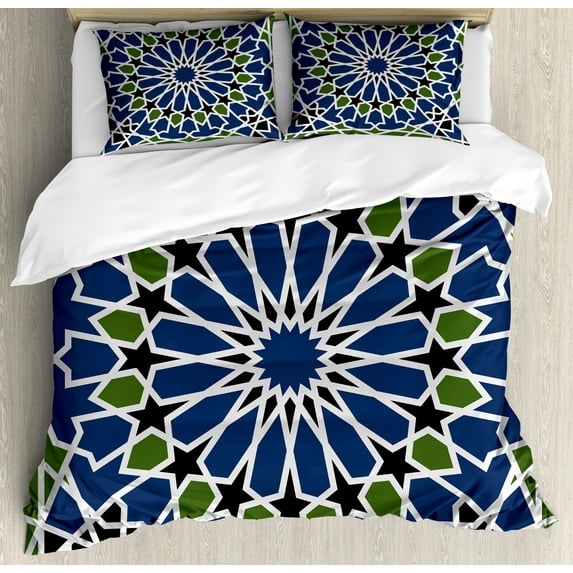 Orient Duvet Cover Set, Mandala Inspired Floral Oriental Antique Design, Decorative 3 Piece Bedding Set with 2 Pillow Shams, King Size, Olive Green Dark Blue, by Ambesonne