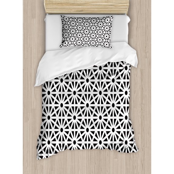 Orient Duvet Cover Set, Moroccan Style Old Motif with Oriental Effects Middle Eastern Print, Decorative 2 Piece Bedding Set with 1 Pillow Shams, Twin Size, Black White, by Ambesonne