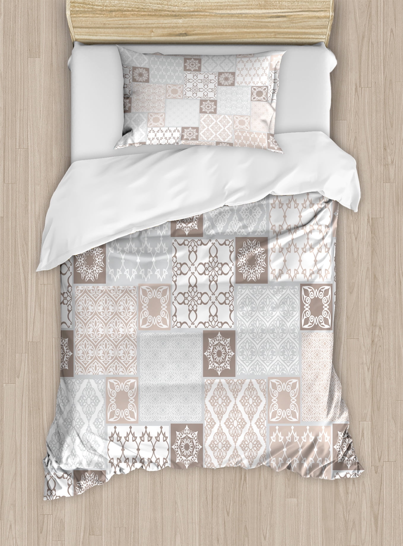 Twin White Beige Grey Patchwork Duvet Cover Set