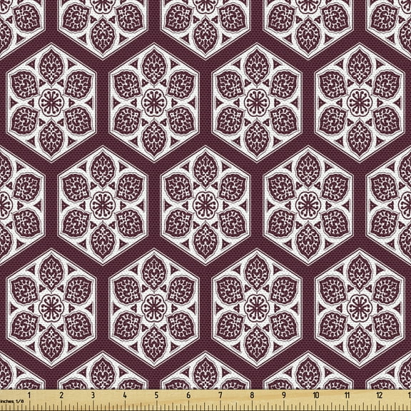 Ambesonne Orient Fabric by the Yard Upholstery, Boho Middle Eastern Grid, 3 Yards, Maroon White