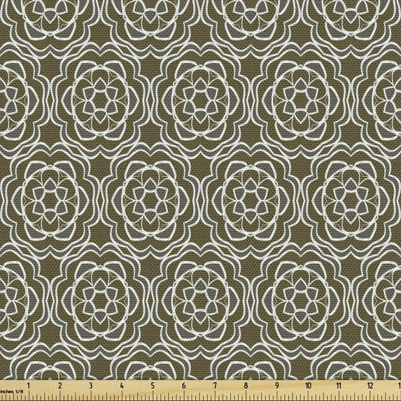 Orient Fabric by the Yard, Oriental Flower Petals Art Traditional Ethnic Middle Eastern Ottoman Culture, Decorative Upholstery Fabric for Chairs & Home Accents, 5 Yards, Green Brown White by Ambesonne