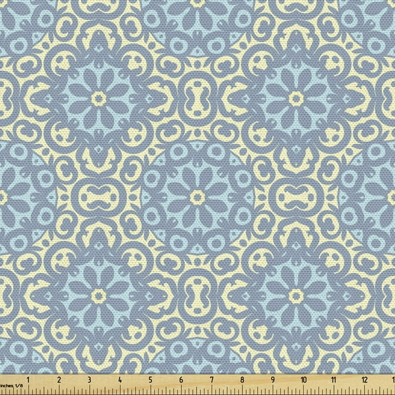 Ambesonne Orient Fabric by the Yard Upholstery, Eastern Style Swirl Tile, 3 Yards, Pale Blue Pale Yellow