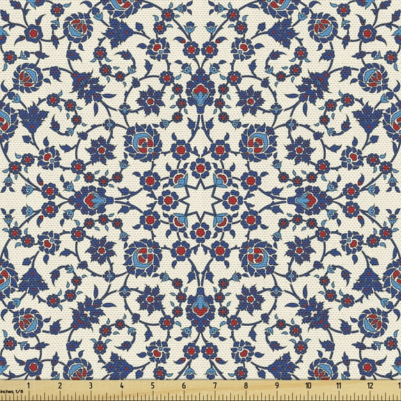 Ambesonne Orient Fabric by the Yard Upholstery, Moroccan Oriental, 1 Yard, Vermilion Indigo