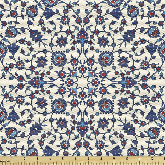 Orient Fabric by the Yard Upholstery, Moroccan Floral Pattern Victorian Rococo Baroque Design, Decorative Fabric for DIY and Home Accents, 3 Yards, Vermilion Indigo by Ambesonne