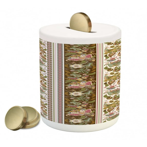 Orient Piggy Bank, Middle Eastern Persian Floral Pattern with Paisley Leaves Boho Art Print, Ceramic Coin Bank Money Box for Cash Saving, 3.6" X 3.2", Multicolor, by Ambesonne