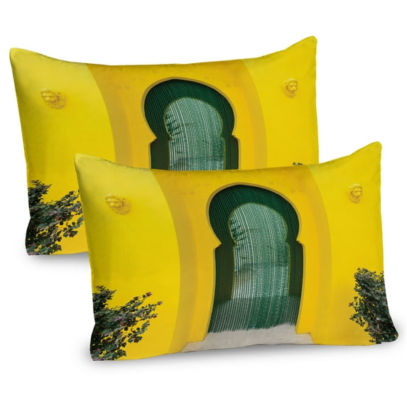 Orient Pillow Sham Set of 2, Morroccan Oriental Walkway Old Eastern Building Architecture Stone Carving Photo, Quality Microfiber Bedding Item for All Seasons, 26" x 20", Green Yellow, by Ambesonne