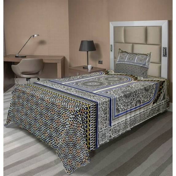 Ambesonne Orient Fitted & Top Sheet Set with Sham, Colorful Old Ottoman, Multicolor