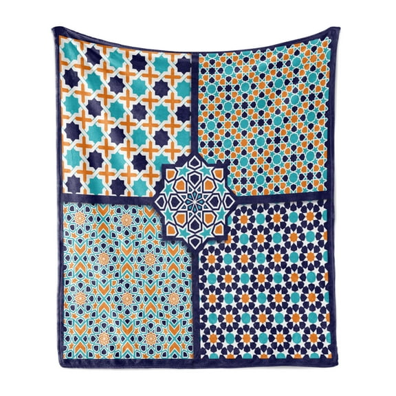 Orient Soft Flannel Fleece Throw Blanket, Different Ornate Mosaic Patterns Historical Lines Heritage Culture, Cozy Plush for Indoor and Outdoor Use, 60" x 80", Blue Orange White, by Ambesonne