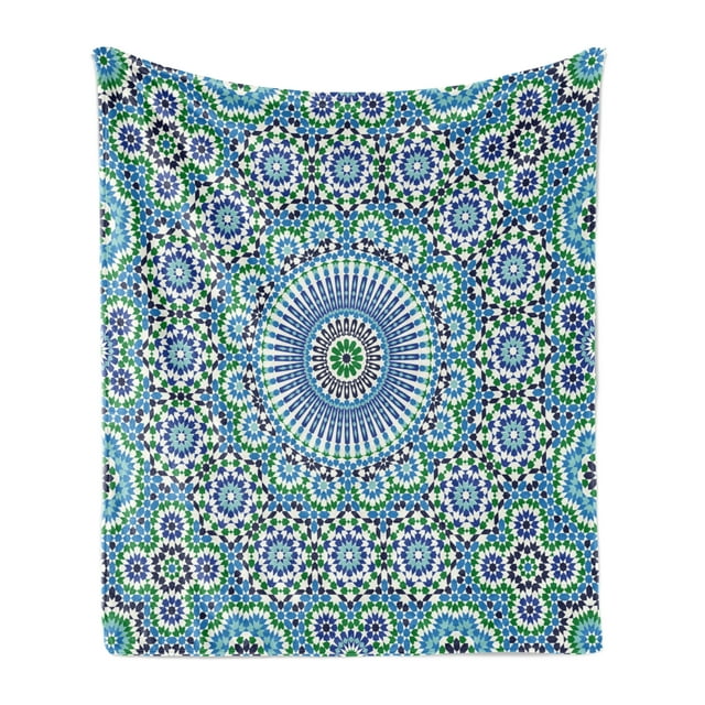 Orient Soft Flannel Fleece Throw Blanket, Eastern Pattern with Floral Ornamental Motifs, Cozy Plush for Indoor and Outdoor Use, 50" x 70", Sky Blue Green White, by Ambesonne