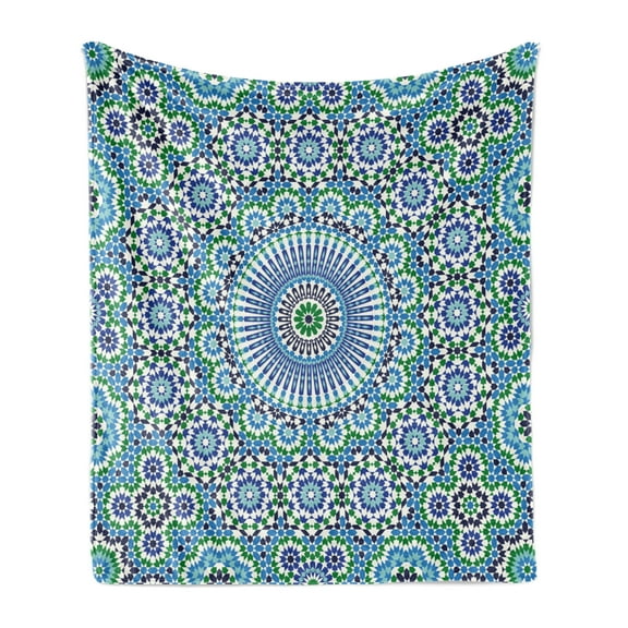 Orient Soft Flannel Fleece Throw Blanket, Eastern Pattern with Floral Ornamental Motifs, Cozy Plush for Indoor and Outdoor Use, 60" x 80", Sky Blue Green White, by Ambesonne
