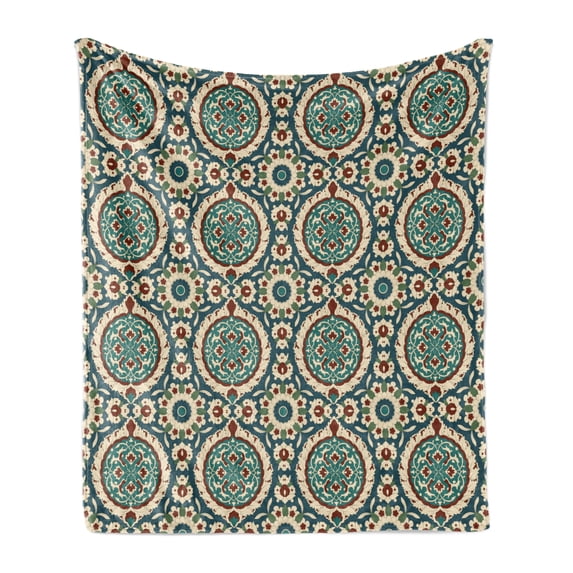 Orient Soft Flannel Fleece Throw Blanket, Graphic Design of Classic Eastern Patterns Retro Nostalgic Colors, Cozy Plush for Indoor and Outdoor Use, 50" x 70", Multicolor, by Ambesonne