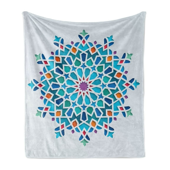 Orient Soft Flannel Fleece Throw Blanket, Illustration of Old Eastern Antique Oriental Damask Round Motif, Cozy Plush for Indoor and Outdoor Use, 60" x 80", Multicolor, by Ambesonne