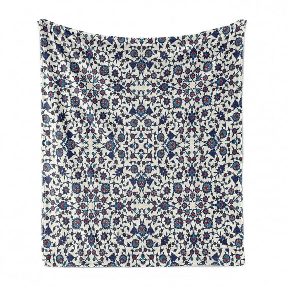 Orient Soft Flannel Fleece Throw Blanket, Moroccan Floral Pattern Victorian Rococo Baroque Design, Cozy Plush for Indoor and Outdoor Use, 70" x 90", Vermilion Indigo, by Ambesonne