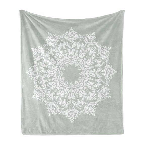 Orient Soft Flannel Fleece Throw Blanket, Oriental Pattern Damask and Floral Elements Classical Artwork Motifs, Cozy Plush for Indoor and Outdoor Use, 50" x 60", Green White, by Ambesonne
