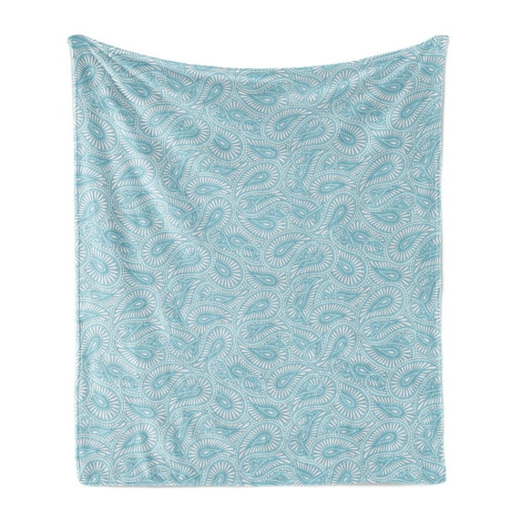 Orient Soft Flannel Fleece Throw Blanket, Paisley Pattern Traditional Oriental with Swirled Leaves, Cozy Plush for Indoor and Outdoor Use, 50" x 70", Pale Blue and Coconut, by Ambesonne