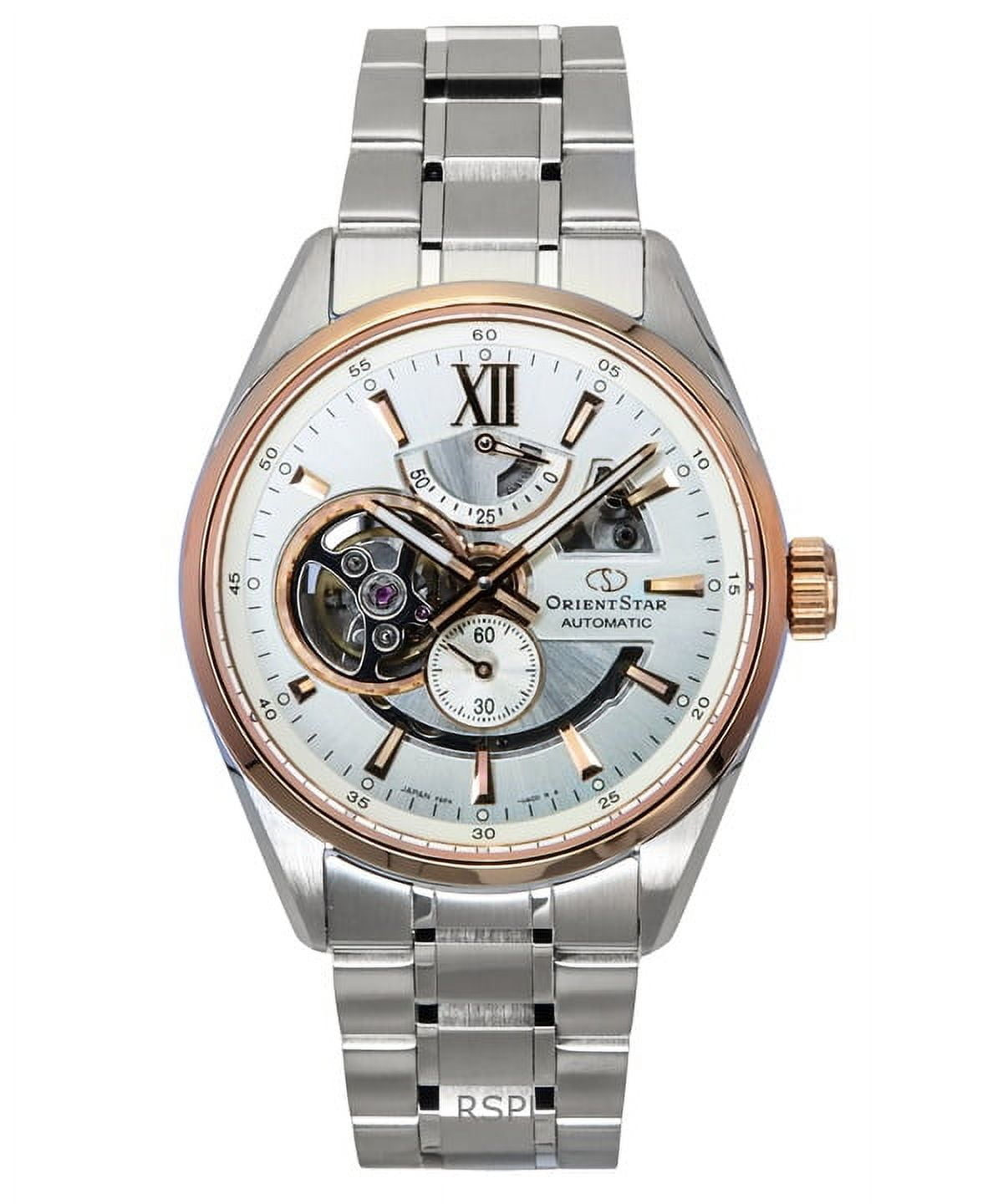 Star Contemporary Stainless Steel Skeleton Ivory Dial Automatic RE-AV0123G 100M Men's Watch