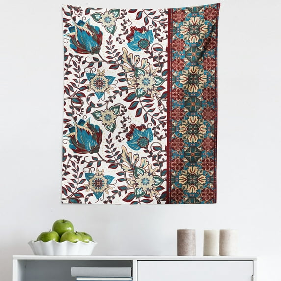 Orient Tapestry, Ornamental Floral Pattern and Border Traditional Middle Eastern Art, Fabric Wall Hanging Decor for Bedroom Living Room Dorm, 5 Sizes, Petrol Blue Burgundy, by Ambesonne