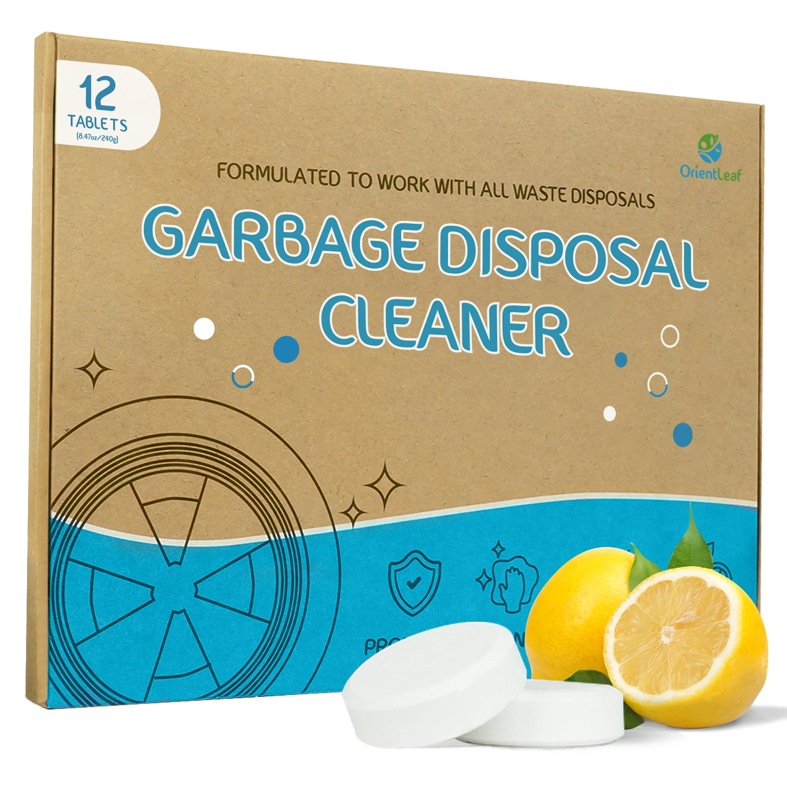 OrientLeaf Garbage Disposal Cleaner, Lemon Scent Sink Disposal Odor Deodorizer for Hiden Grease, Limescale and Minerals Remove Suitable for All Waste Disposals, 20g × 12 Tablets