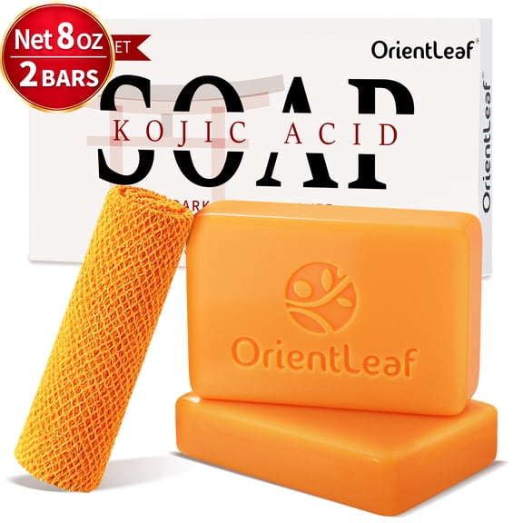 OrientLeaf Kojic Acid Soap with African Net Sponge, Handmade Turmeric Kojic Acid Soap Bar for Face & Body with Glycerin, Olive Oil, and Collagen for Men & Women, 4 oz × 2 Bars