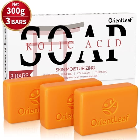 OrientLeaf Kojic Acid Soap for Face & Body, Handmade Turmeric Soap Bars with Glycerin, Shea Butter, and Olive Oil, 100g × 3 Bars (10.58 oz)
