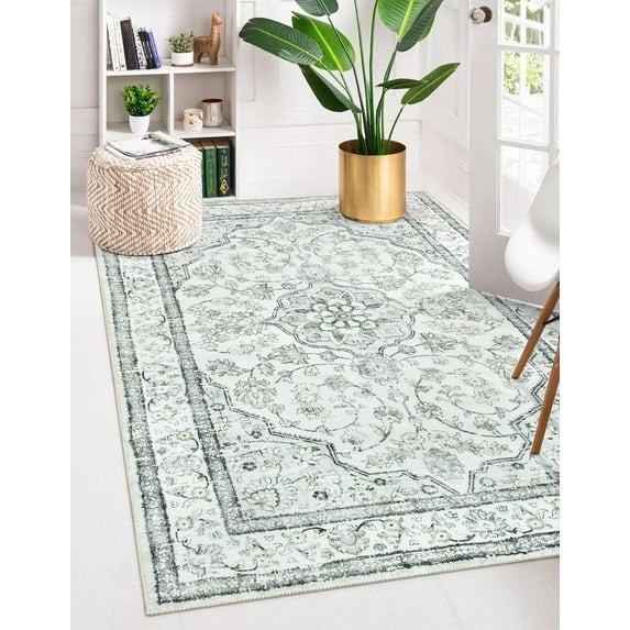 Oriental 3x5 Rug,Washable Entry Rugs for Inside House Non-Slip,Boho Grey Rugs for Living Room,Traditional Vintage Bathroom Carpet Thin Throw Rug for Bedroom Entryway Kitchen,(3x5ft,Light Gray)