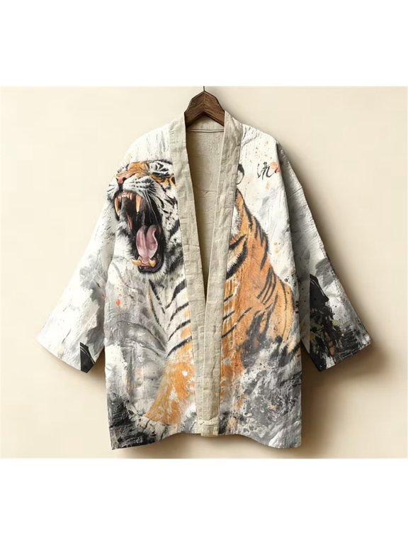 Oriental Art Printed Cotton Haori Kimono Shrug for Women, Open‑Front Loose 3/4 Sleeve Casual Short Outerwear