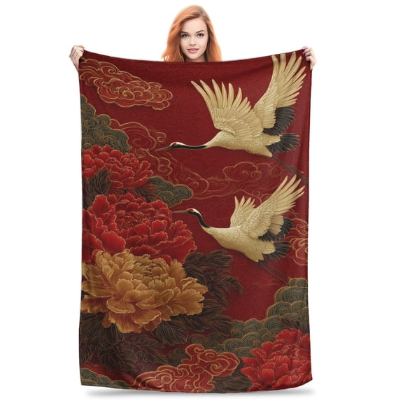 Oriental Auspicious Clouds Birds Pattern Print Flannel Throw Blanket