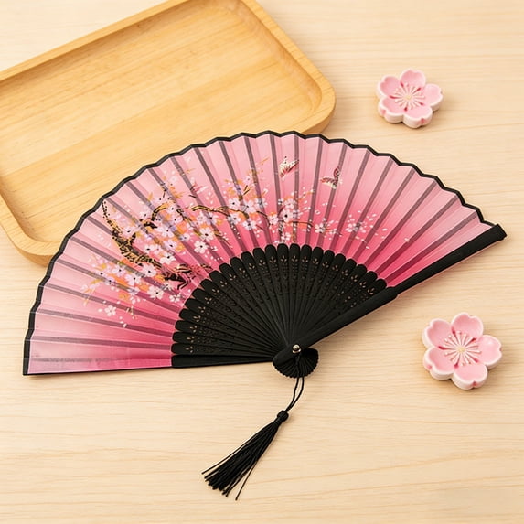 Oriental Bamboo Folding Hand Fan, Silk Fabric Bamboo Handheld Fan with Tassel, For Church Wedding Gift, Party Favors, DIY Decoration Gift, 15" x 8.3", Chinese Vintage Retro Style