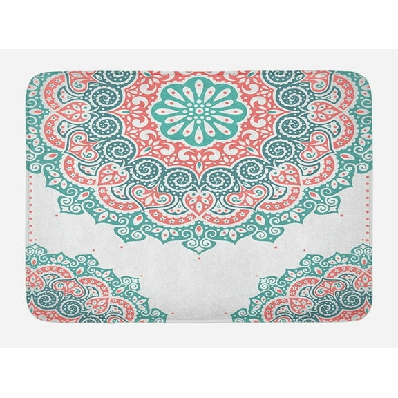 Oriental Bath Mat, Soft Colored Mandala South Culture Inspired Floral Image, Plush Bathroom Decor Mat with Non Slip Backing, Turquoise Coral 24"x16"