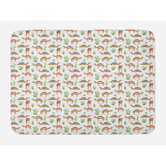 Oriental Bath Mat, Watercolor Style Interpretation of Camels with Ornamental Saddle and Cacti, Plush Bathroom Decor Mat with Non Slip Backing, 29.5" X 17.5", Multicolor, by Ambesonne