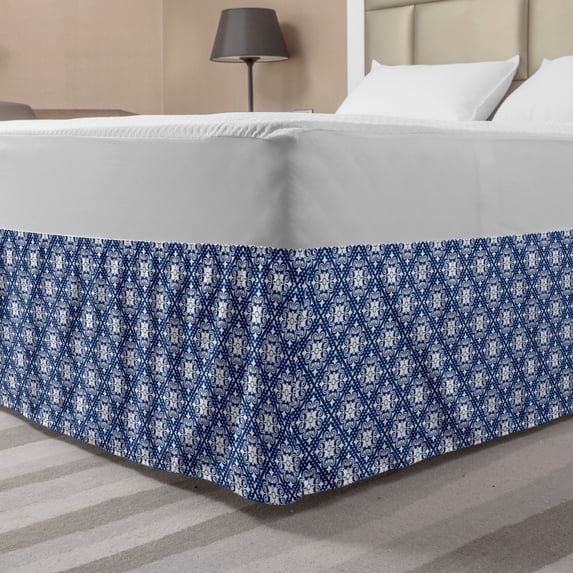 Oriental Bed Skirt, Traditional Talavera Pattern on a Plain Background Folkloric Art, Elastic Bedskirt Dust Ruffle Wrap Around for Bedding Decor, 4 Sizes, Night Blue and White, by Ambesonne
