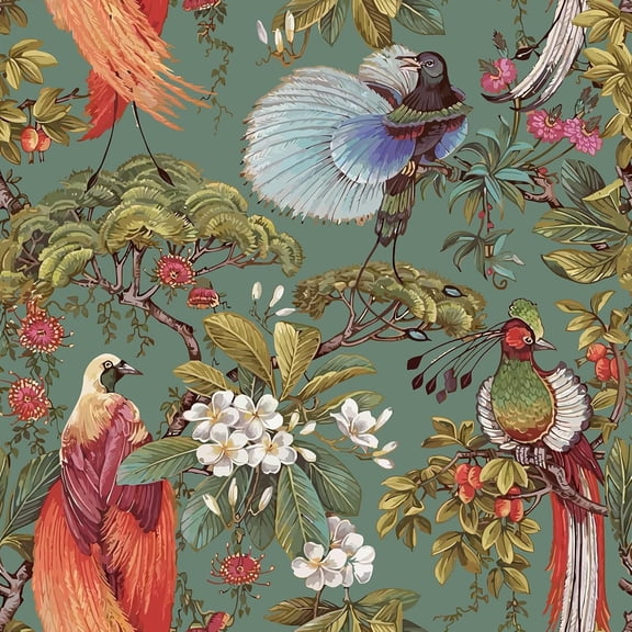 Oriental Bird Wallpaper Peel and Stick Vintage Green Floral Wallpaper for Bedroom Bathroom 17.7''x118'' Removable Chinoiserie Wall Paper Self Adhesive Green Contact Paper for Cabinets Drawers