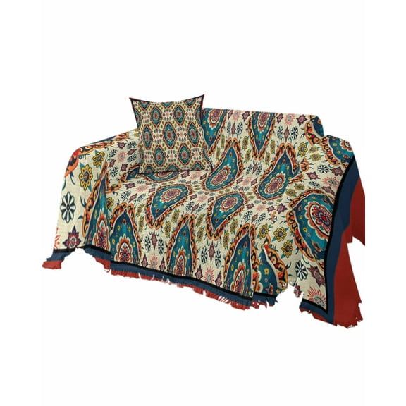 Oriental Boho Flower Sofa Couch Covers for Dog,Washable Sectional Couch Slipcovers for Loveseat with Tassels,Tribal Patterns Ethnic Farmhouse Non Slip Sofa Throw Cover Blanket Large 71''x102''