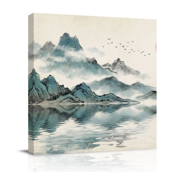 Oriental Canvas Wall Art for Living Room, Traditional Ethnic Art Chinese Landscape Ink Painting Wall Decor Framed Artwork Pictures Ready to Hang for Bedroom Office Home Decor