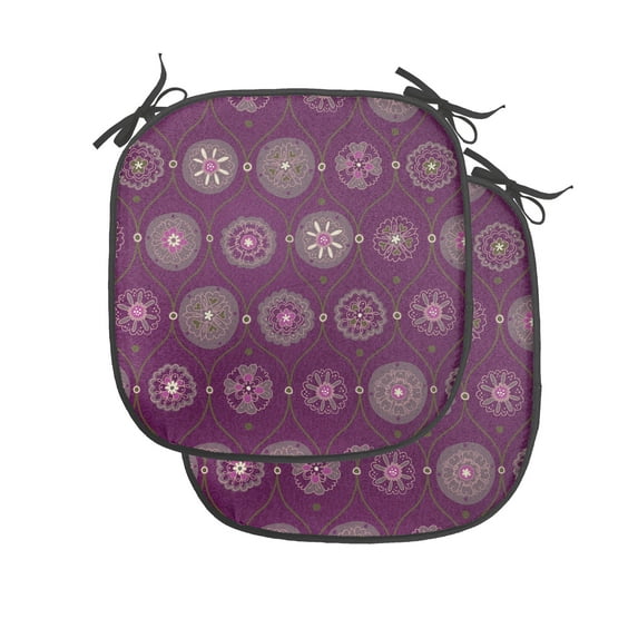 Oriental Chair Seating Cushion Set of 4, Pattern with Abstract Nostalgic Flourish Floral Ornament Print, Seat Pads for Office with Anti-slip Backing, 16"x16", Plum and Multicolor, by Ambesonne