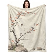 Oriental Cherry Blossom Print, Flannel Fleece, Japanese Art Style, Soft Cozy Throw Blanket, Calm Serene Comfort, Aesthetic Home Decor, Couch Bed All Season