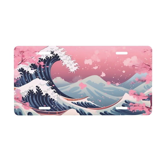 Oriental Cherry Blossom and Waves License Plate with 4 Holes,Novelty Aluminum Metal Car Plate Vanity Tag Decorative Car Front Accessories for Women Men,6"x12"
