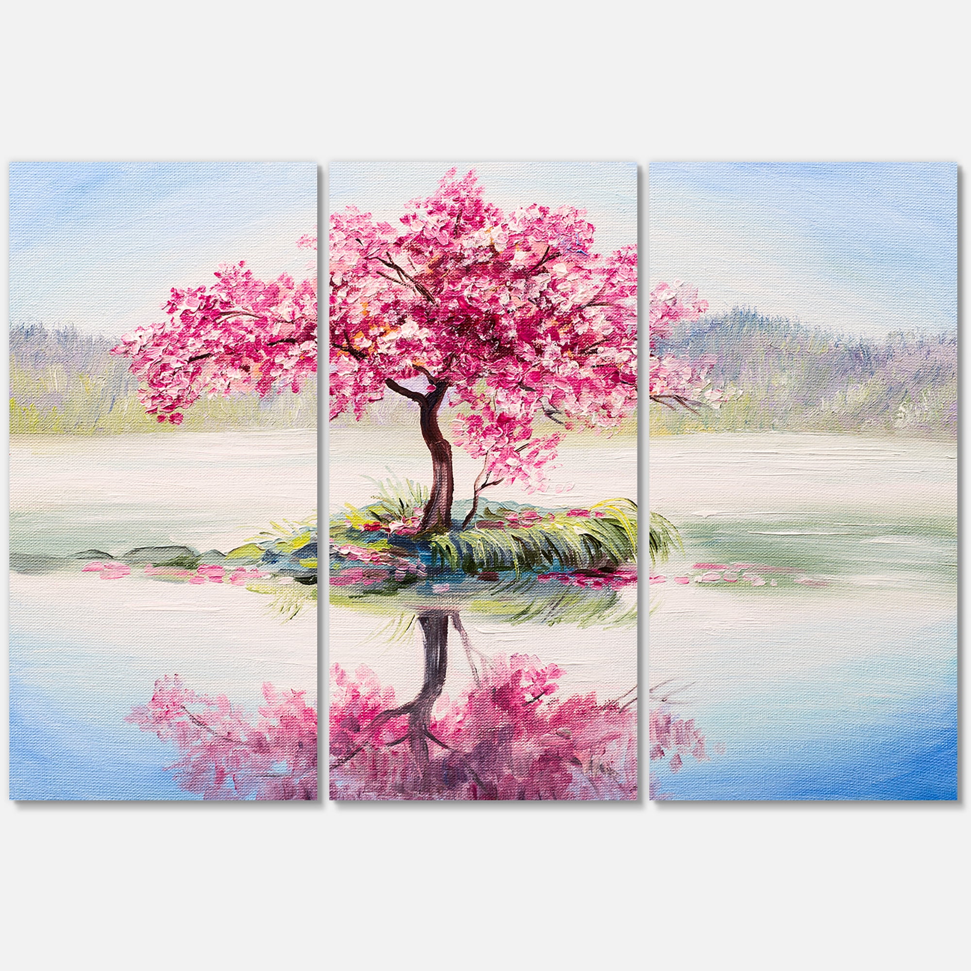 Designart ' Oriental Cherry Pink Tree Sakura On The Lake ' Lake House Canvas Wall Art Print