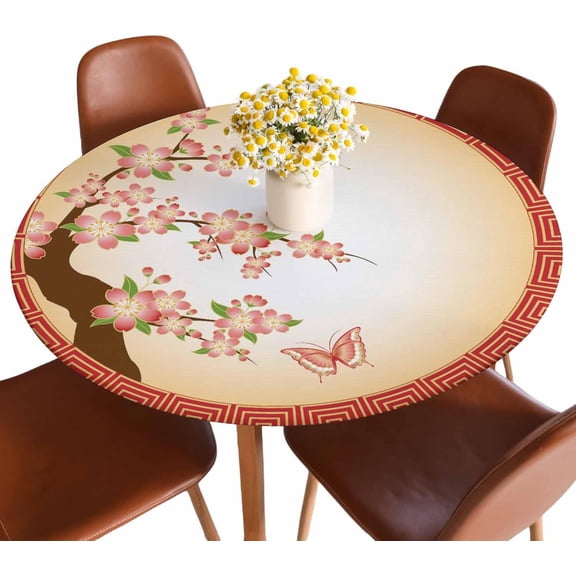 Oriental Cherry Round Fitted Tablecloth Blossom Butterfly Orange Ethnic Spring Elastic Edge Tablecloth Waterproof Oilcloth Table Cover for 40"-44"