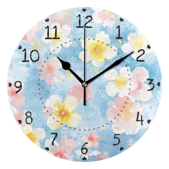Oriental Cherry Round Wall Clock Silent Analog Battery Operated Black Pointer Home Decor 9.84" Diameter
