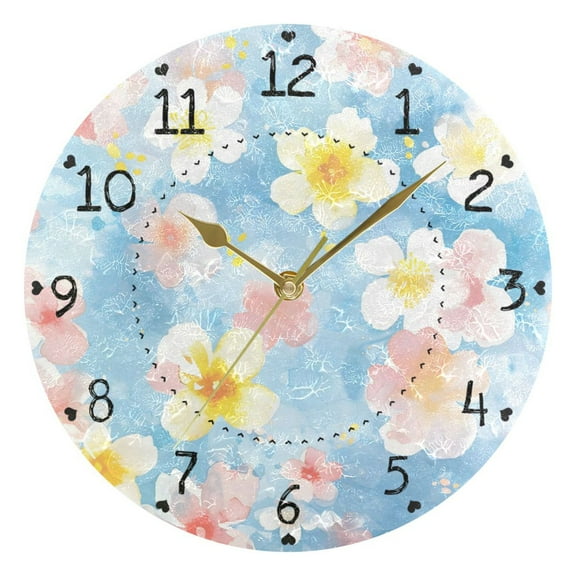 Oriental Cherry Round Wall Clock Silent Analog Battery Operated Gold Pointer Home Decor 9.84" Diameter