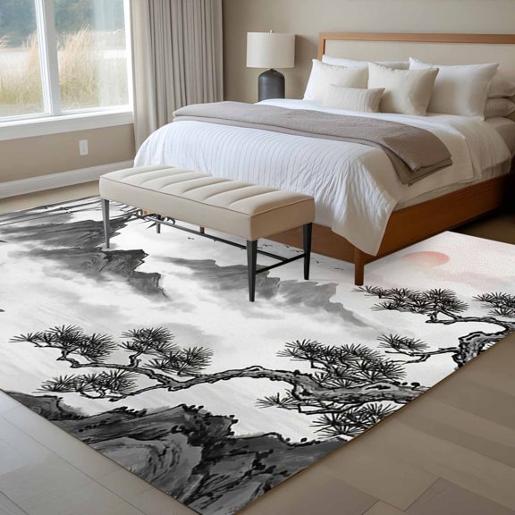Oriental Chinese-style 6x9 Rug for Dining Room Table and Chair Setup, Abstract Nature Landscape Ink Painting Low Pile Washable Non Slip Rectangle Area Rug