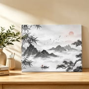 Oriental Chinese-style Canvas Wall Art, Abstract Nature Landscape Ink Painting Wall Art Prints Artwork Framed Canvas Ready to Hang Art Pictures for Bathroom Bedroom Entry Desk Corner 10" x 8"