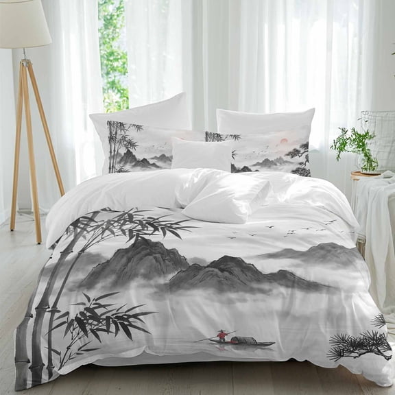 Oriental Chinese-style Queen Duvet Cover Set, Abstract Nature Landscape Ink Painting 4 Piece Microfiber Bedding Set with Zipper Closure, Bed Sheet and 2 Pillow Shams, Soft Bedding Cover