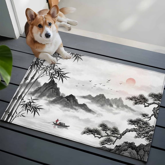 Oriental Chinese-style Washable Entry Rug 2x3 Abstract Nature Landscape Ink Painting Low Pile Indoor Door Mat with Rubber Backing Thin Area Rug for for Entrance, Bedroom, Kitchen, Laundry, Bathroom