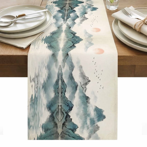 Oriental Cotton Linen Table Runner Traditional Ethnic Art Chinese Landscape Ink Painting Dining Table Runners for Home Decor Party Dining Room Restaurant Kitchen Party 13" x 48"