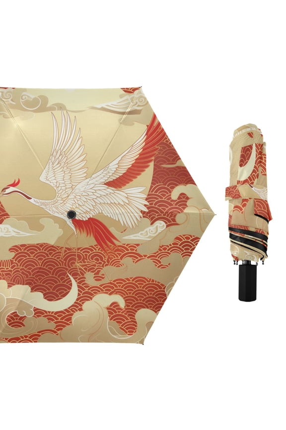 Oriental Crane Bird Flying Compact Sun Umbrella Windproof Travel Umbrellas for Rain Strong Portable UV Protection
