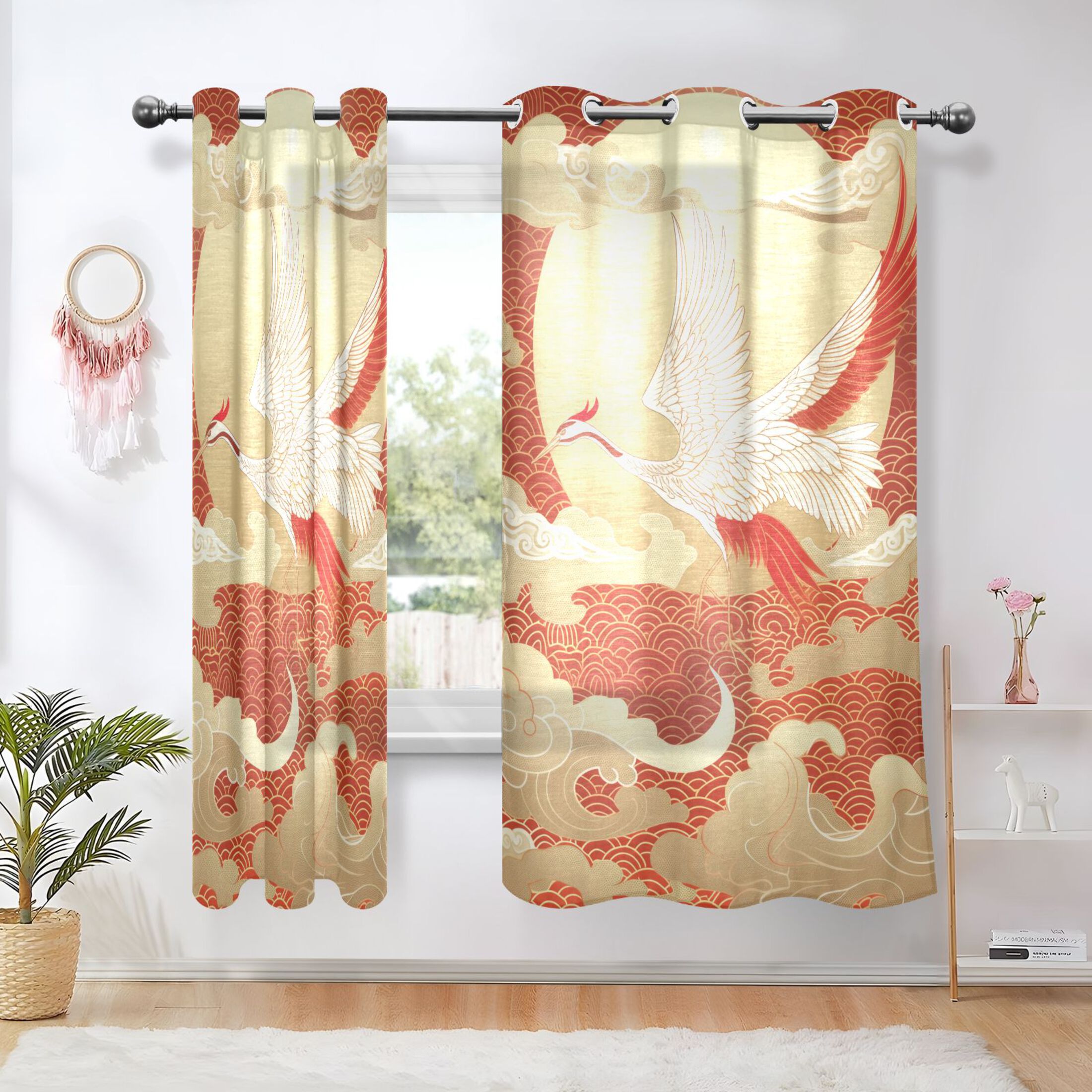 Oriental Crane Bird Flying Sheer Curtains 2 Panels Set Grommet Drapes ...